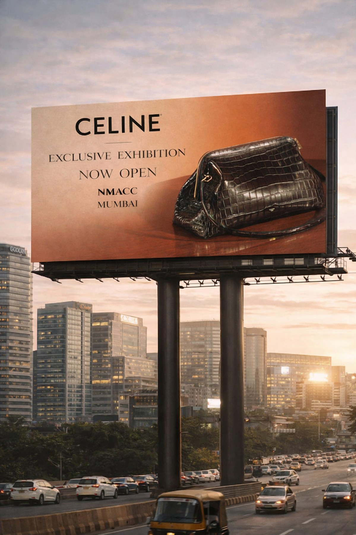 Outdoor billboard with a CELINE bag announcing the exhibition at NMACC, Mumbai