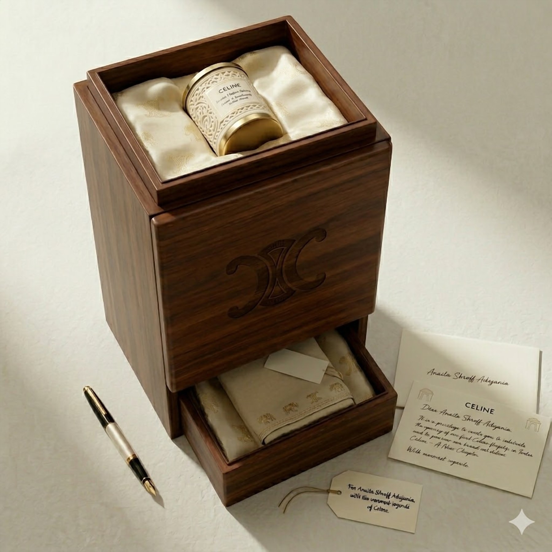 Wooden invitation gift box with satin interior and handwritten card