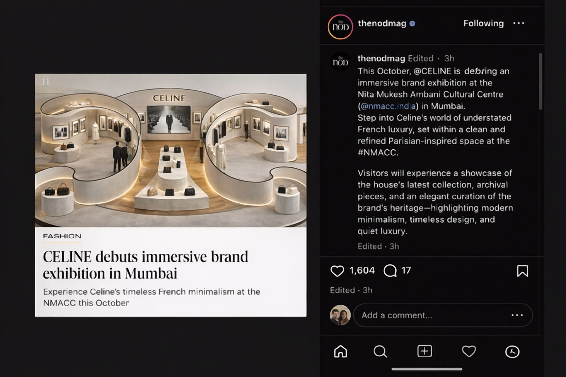 Social media post announcing CELINE’s immersive brand exhibition in Mumbai
