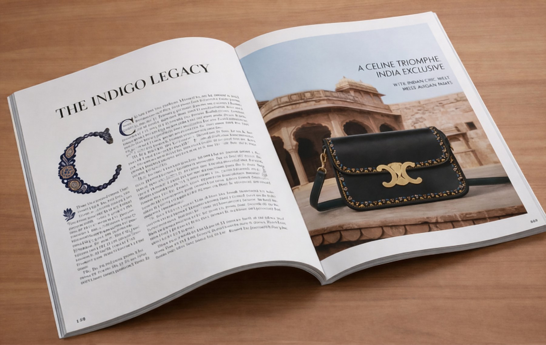 Magazine editorial spread, The Indigo Legacy, featuring the India exclusive Triomphe