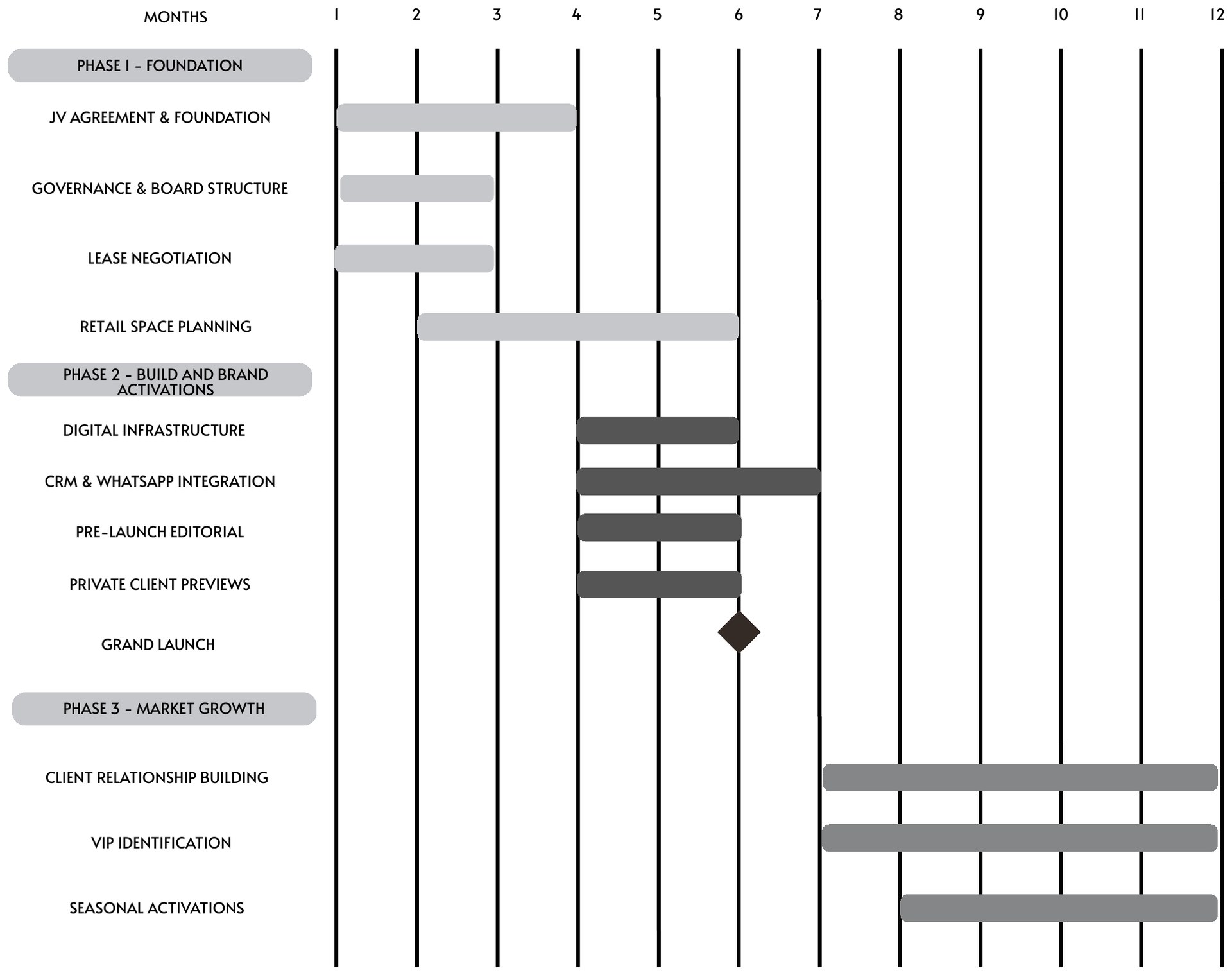 Twelve-month implementation roadmap across three phases: foundation, build and brand activations, and market growth