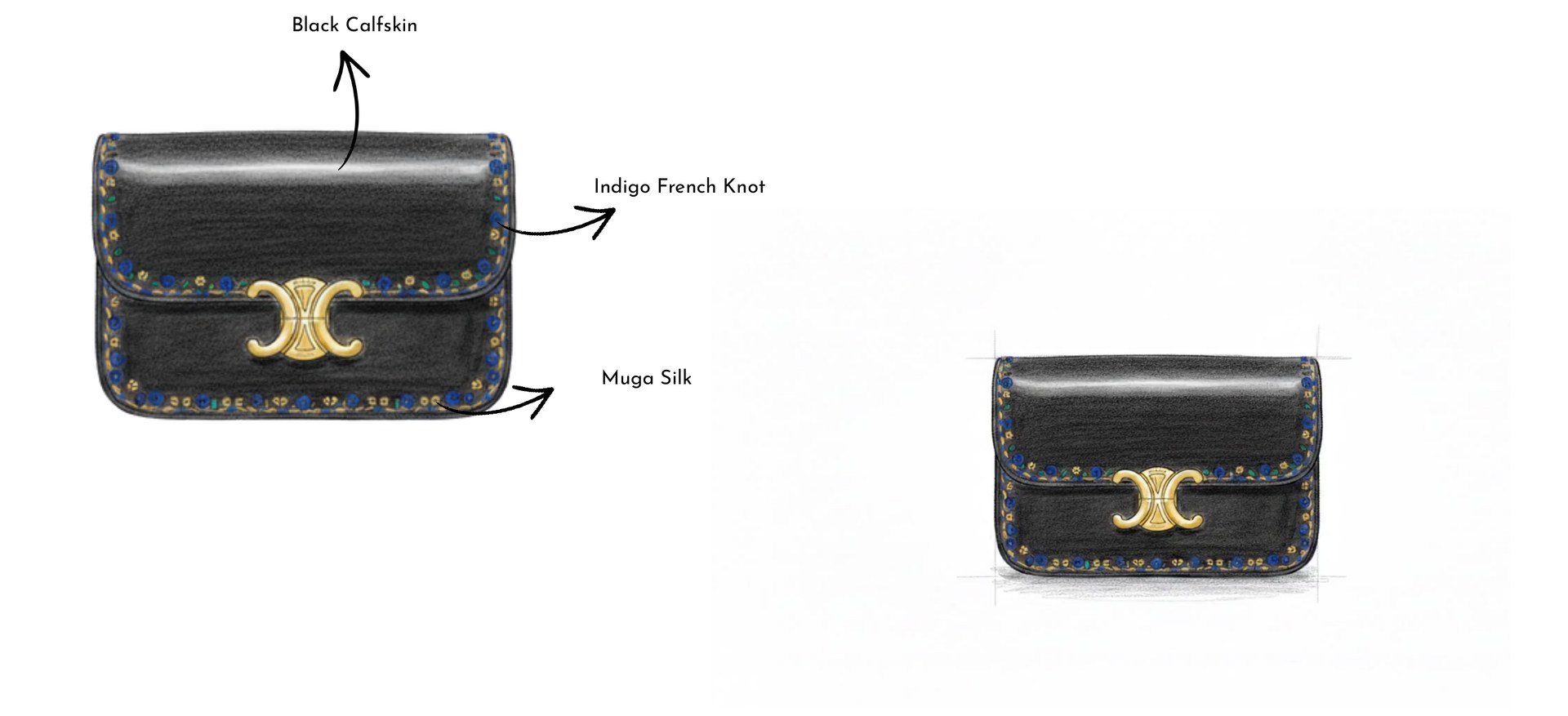 India Exclusive Triomphe bag in black calfskin with indigo French knot embroidery and Muga silk
