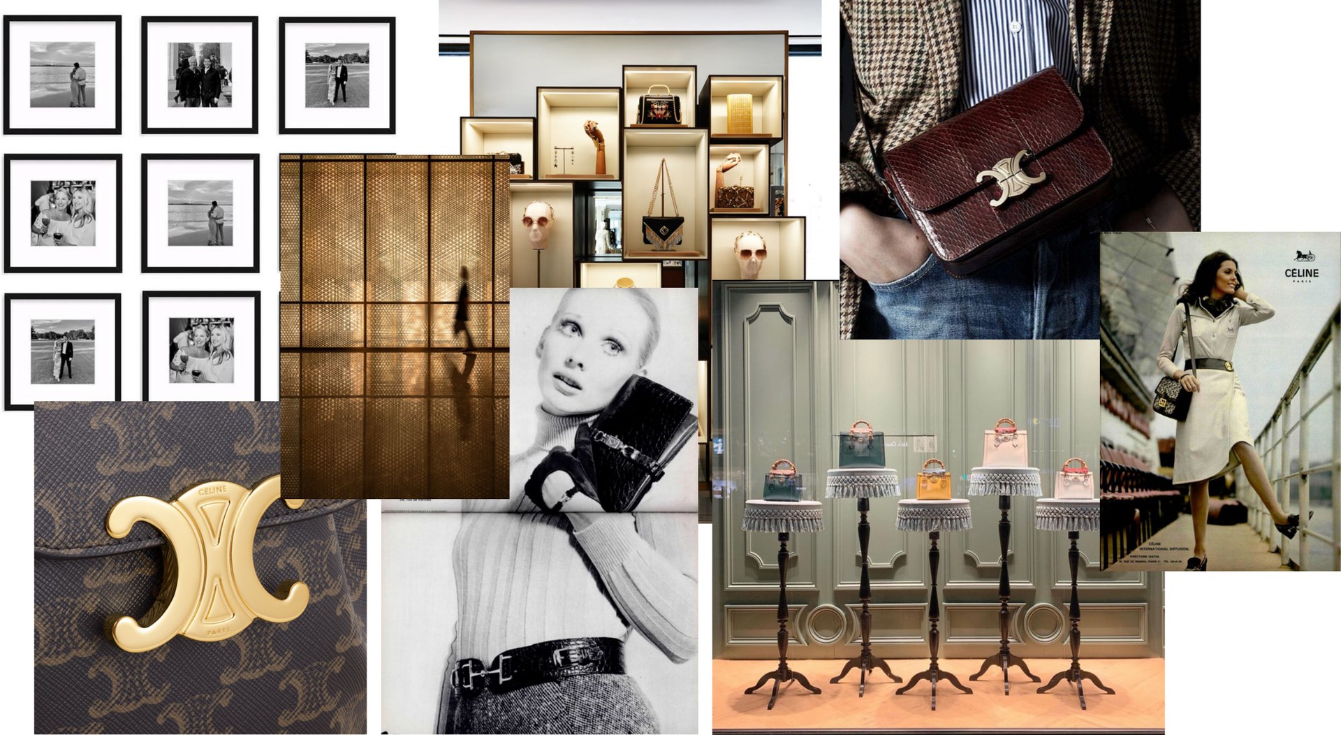 Brand exhibition mood board: framed black and white photography, lit display niches, perforated brass screens, archival advertisements and CELINE accessories