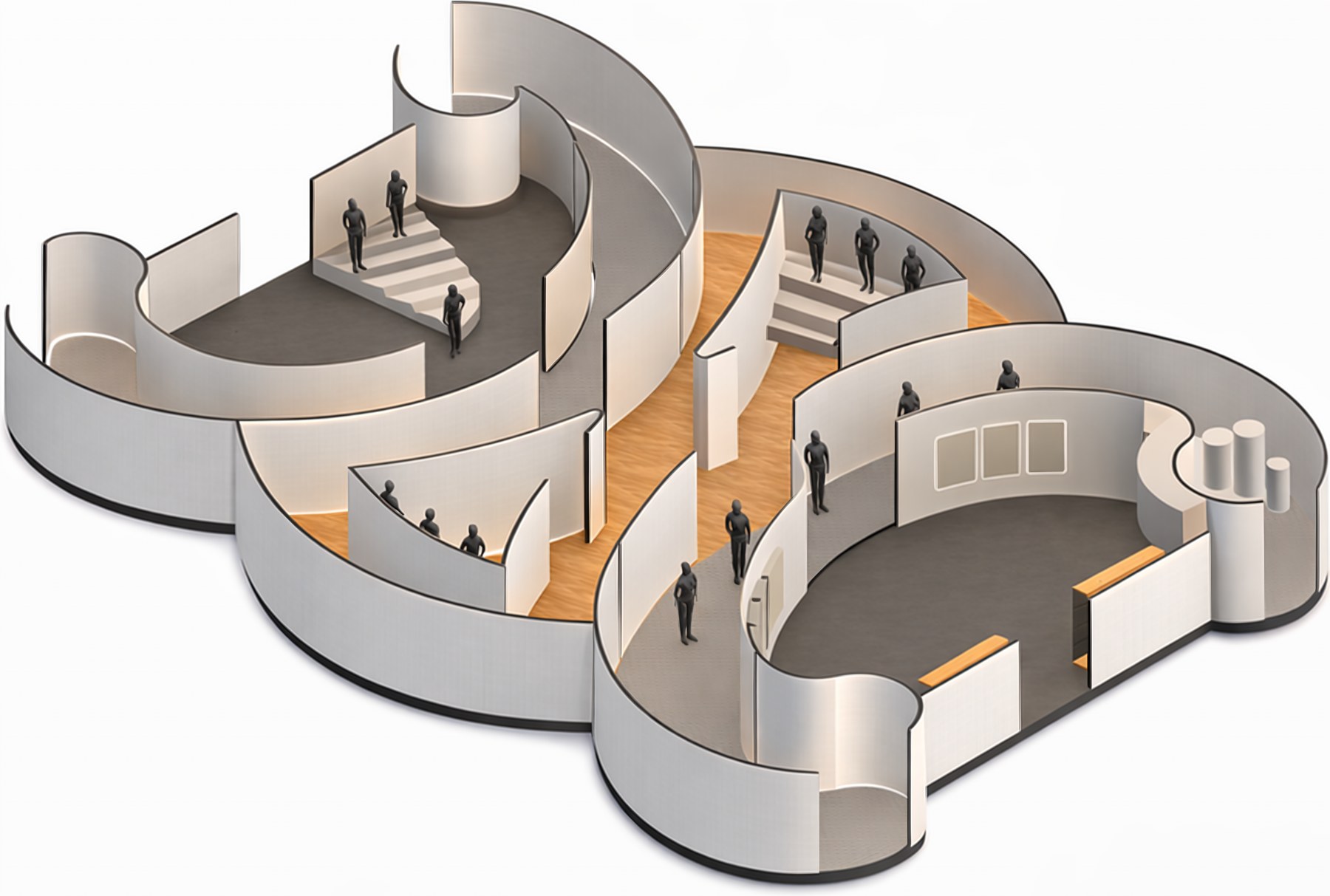 Brand exhibition cutaway view showing the curved gallery rooms and circulation