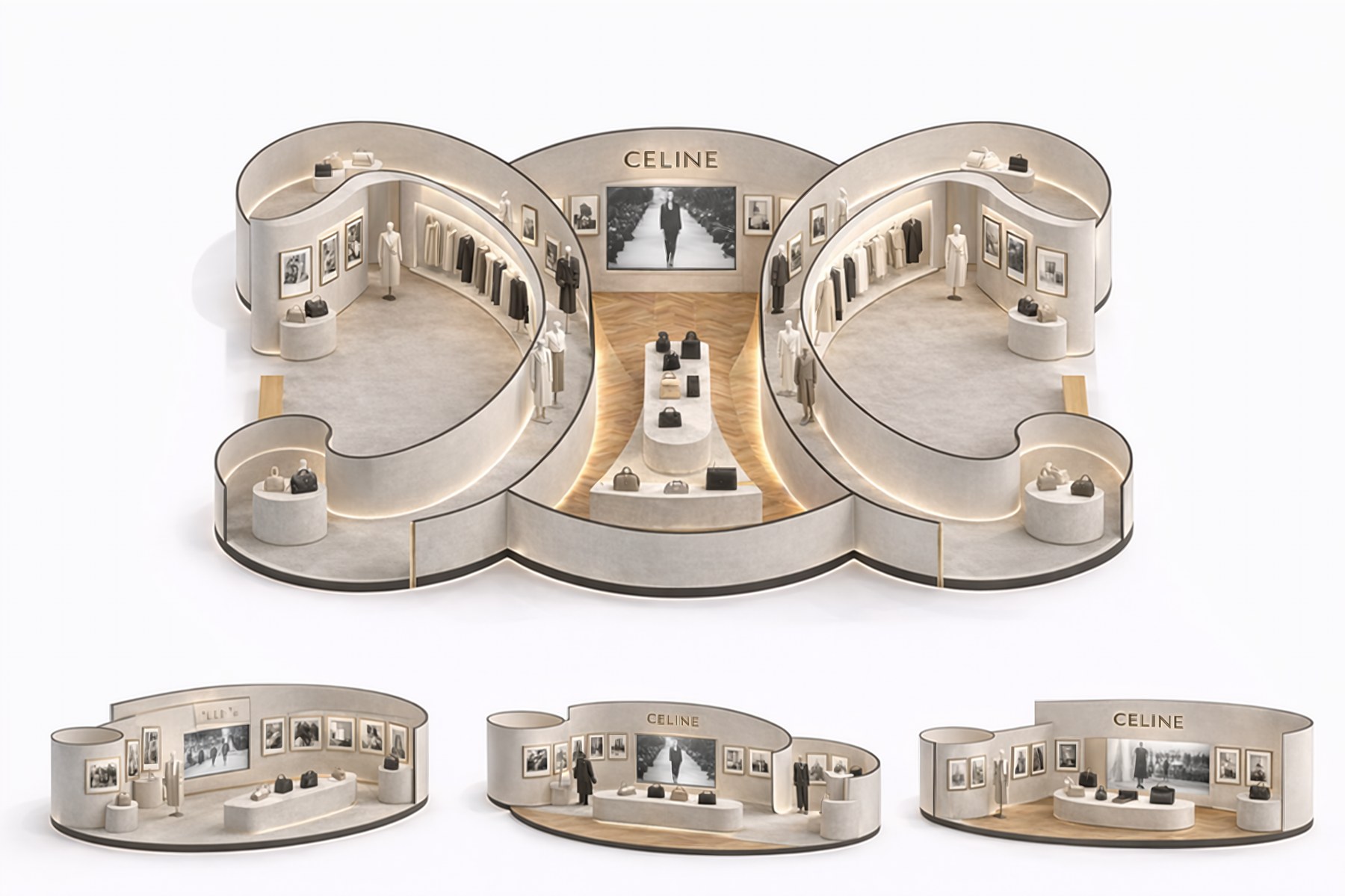 Brand exhibition view with the central CELINE screen, and three additional perspective views of the exhibition