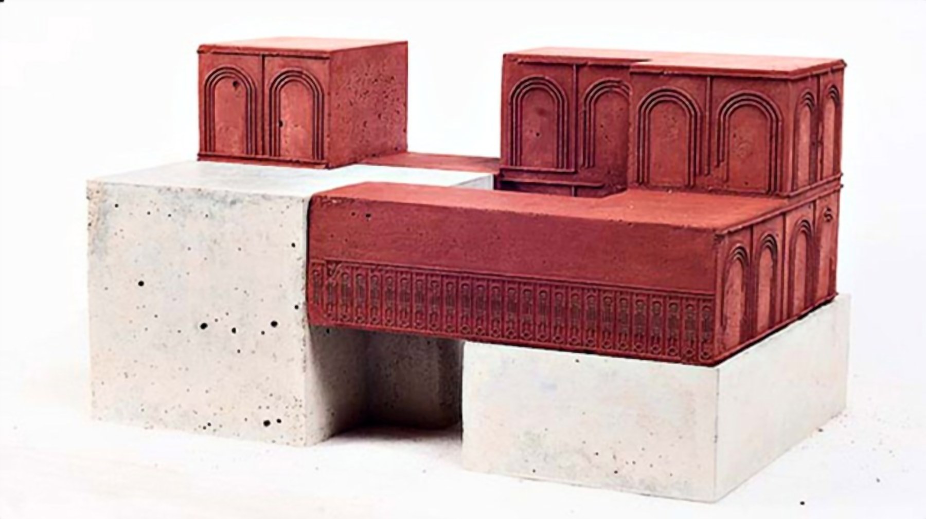 CELINE Art Project: a red sculpture with arched facades on concrete plinths by Rathin Barman