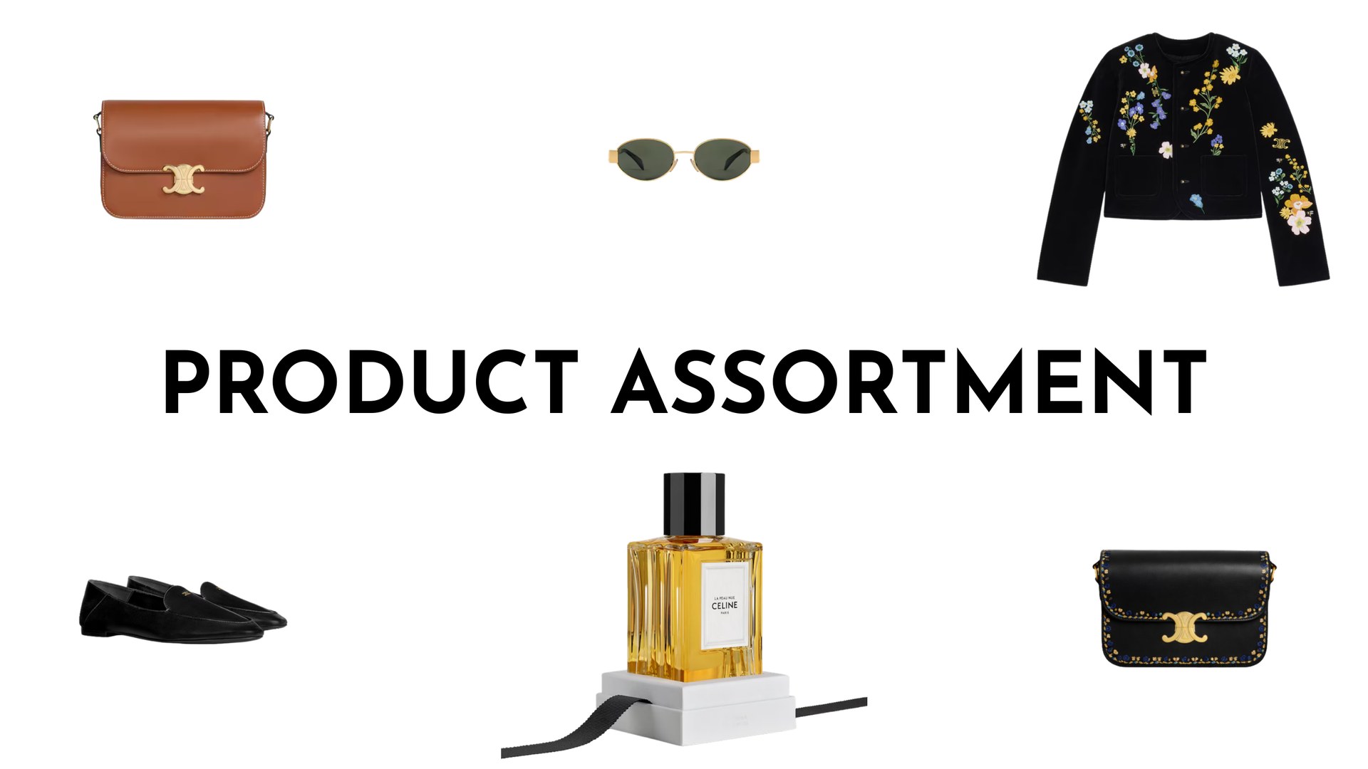 Product assortment: leather goods, accessories, ready-to-wear, shoes, beauty and fragrance, and special edition
