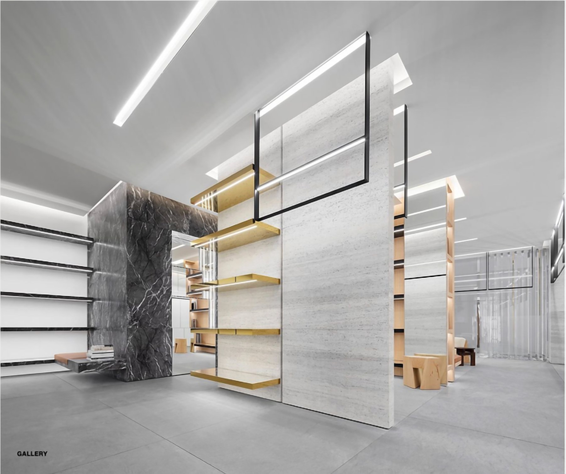 Retail mood board: gallery-style boutique with pale stone walls, brass shelving and a black marble block