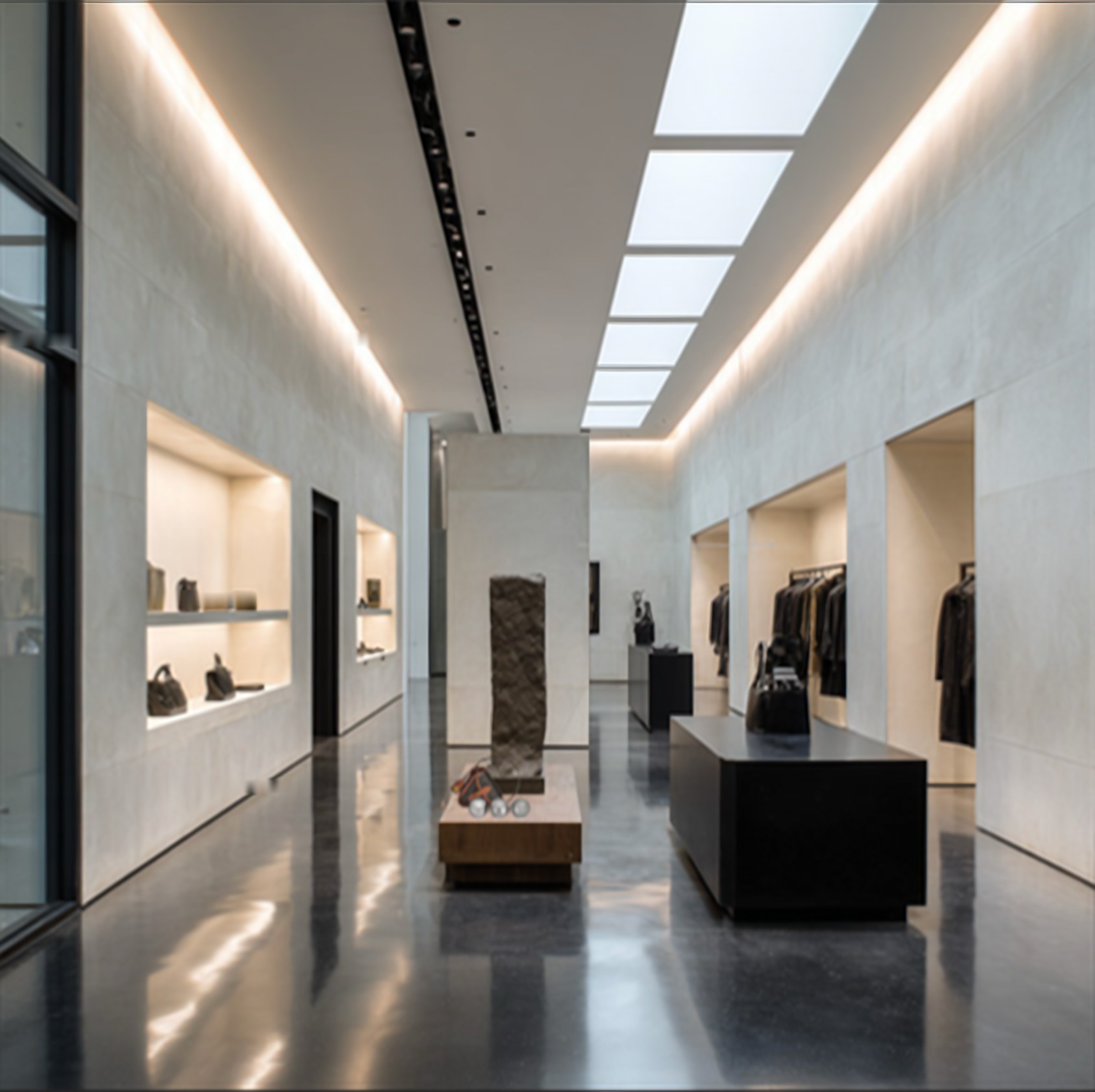 Men’s capsule space with a straight, centred view, recessed display niches and sculptural plinth