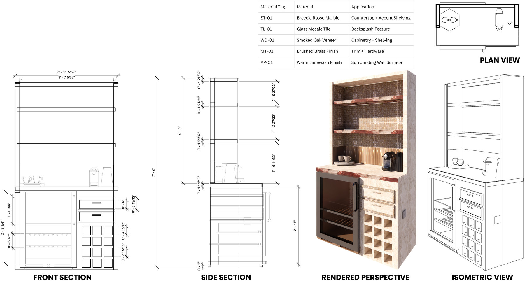 Custom bar design: material tag schedule, plan view, front section, side section, rendered perspective and isometric view