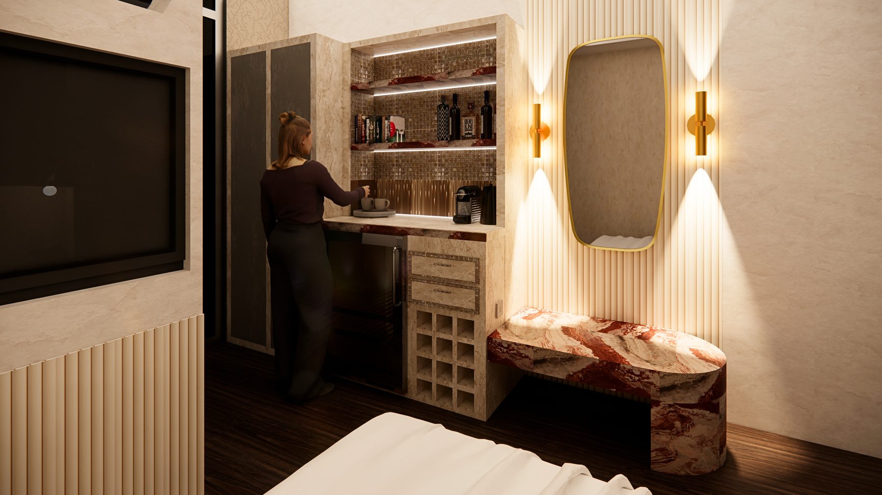 Integrated refreshment bar and vanity in the guestroom