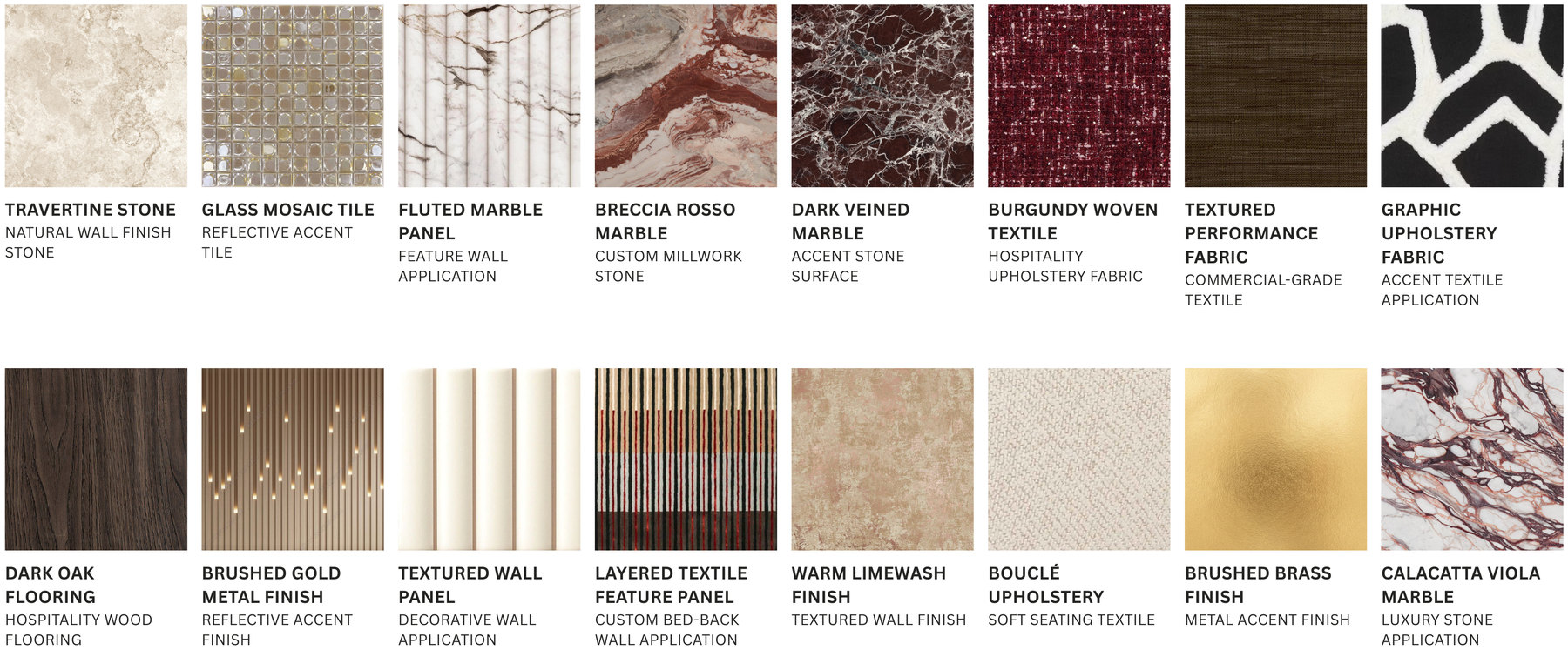 Aureline material palette: sixteen materials and finishes with their applications