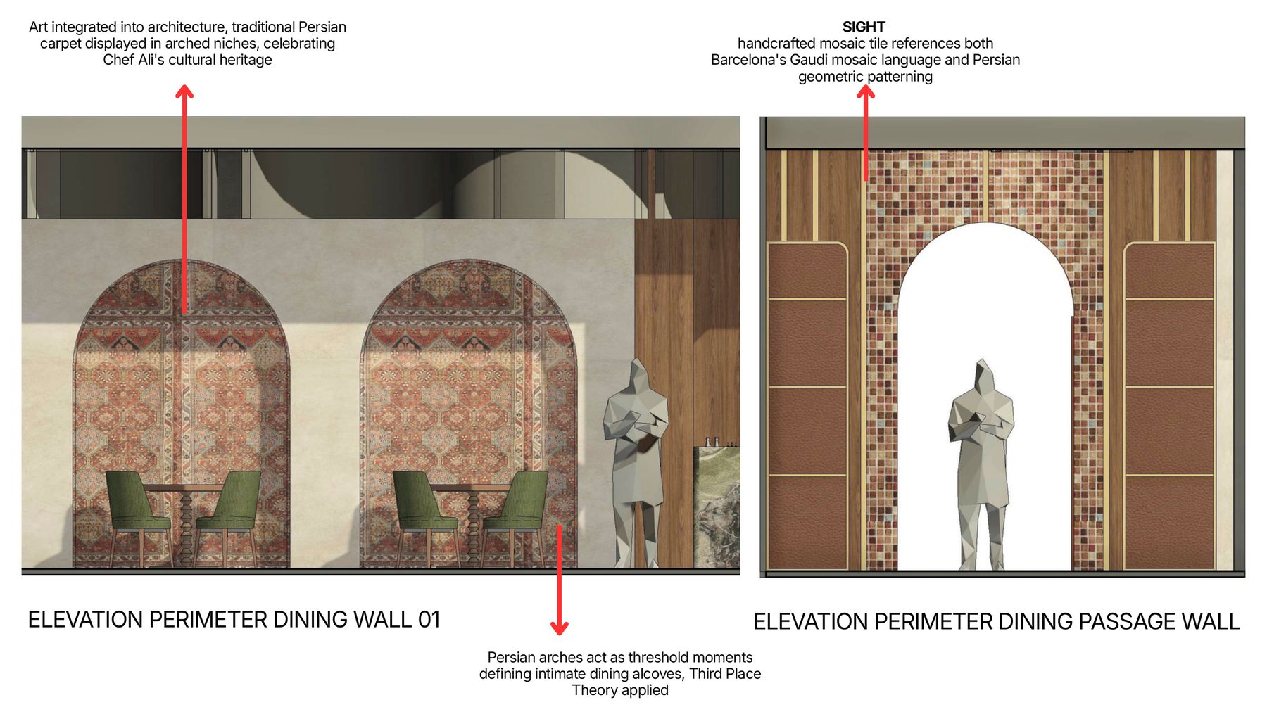 Elevations of the perimeter dining wall and passage wall