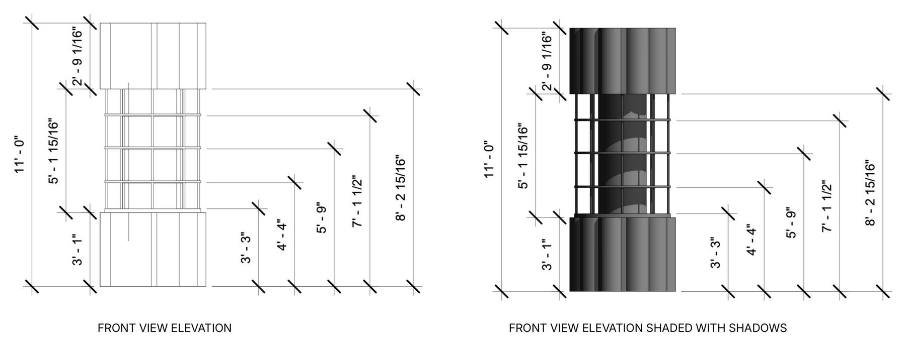 Custom wine display tower, front view elevations